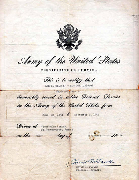 Lee Willey Military Discharge, September 1, 1946